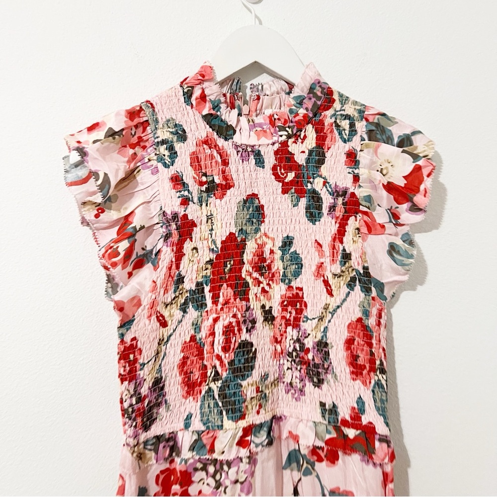 Sea New York Lanie Floral Smocked Midi Dress 100% Silk Pink floral Size Medium M - Picture 5 of 7